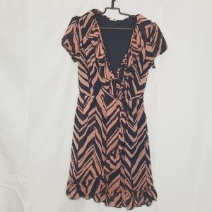 Needle & Thread Pink and Navy Zebra Print V Neck A-Line Dress with Ruffles Sz: L
